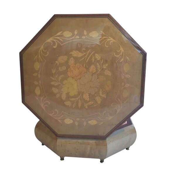 Vintage Reuge Swiss Music Jewelry Box Octagonal Design Floral Inlay & Velvet - Picture 2 of 15